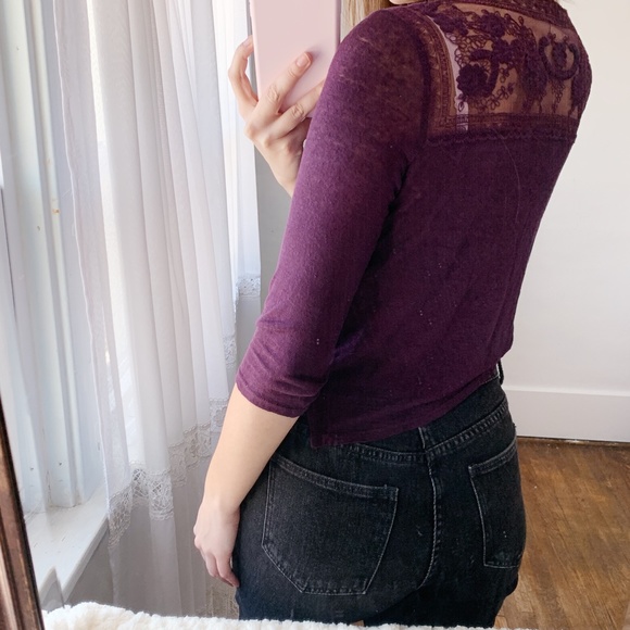 Forever 21 S Purple Lace 3/4 Sleeve Crop Top - Picture 4 of 5